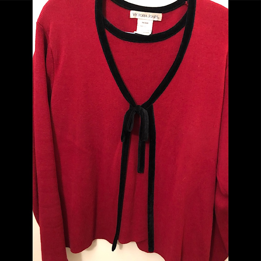 Victoria Jones red sweater with black velvet trim and tie front